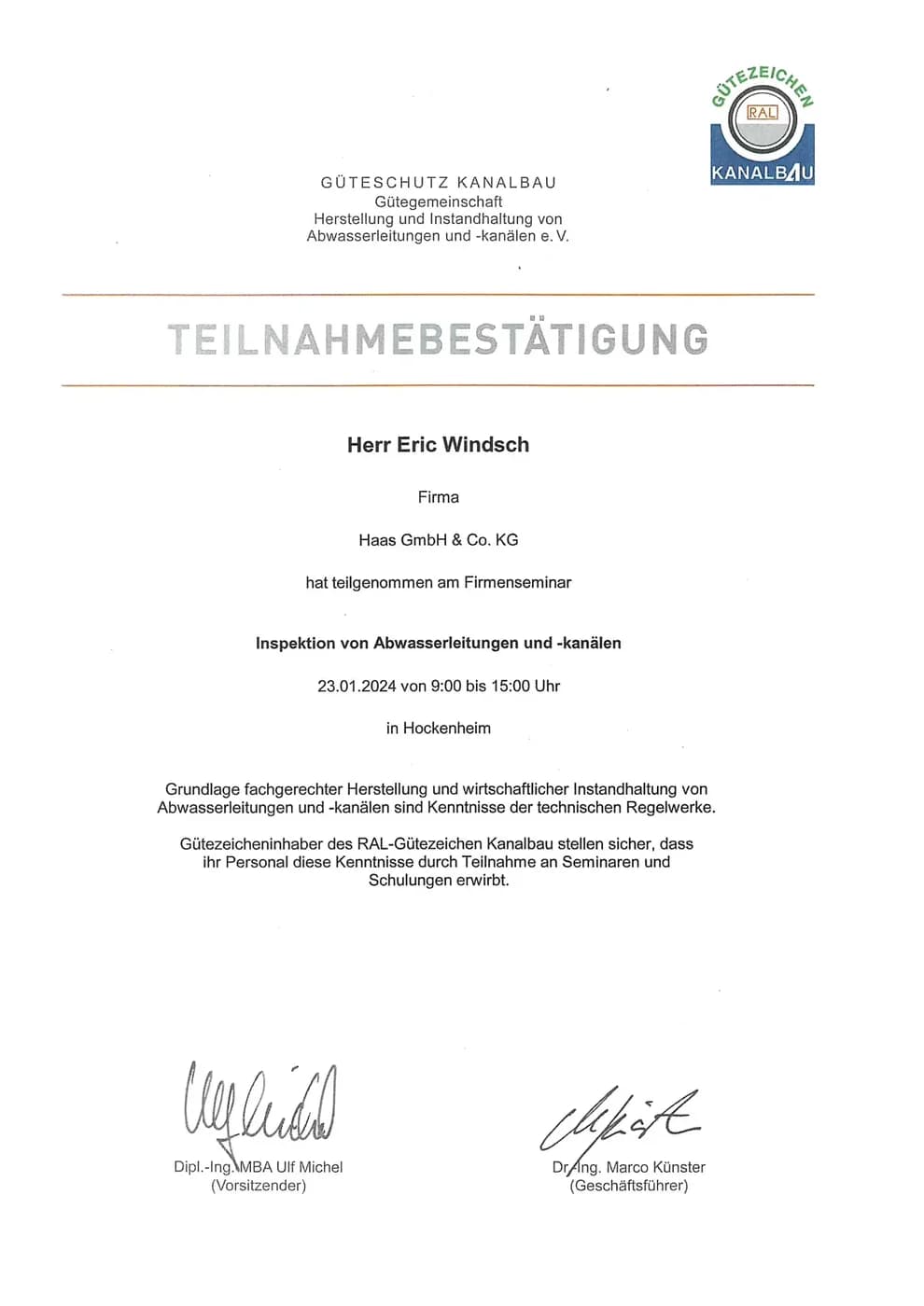 Teilnahmebescheinigung einer Fachschulung – Haas Rohr- und Kanalmanagement GmbH