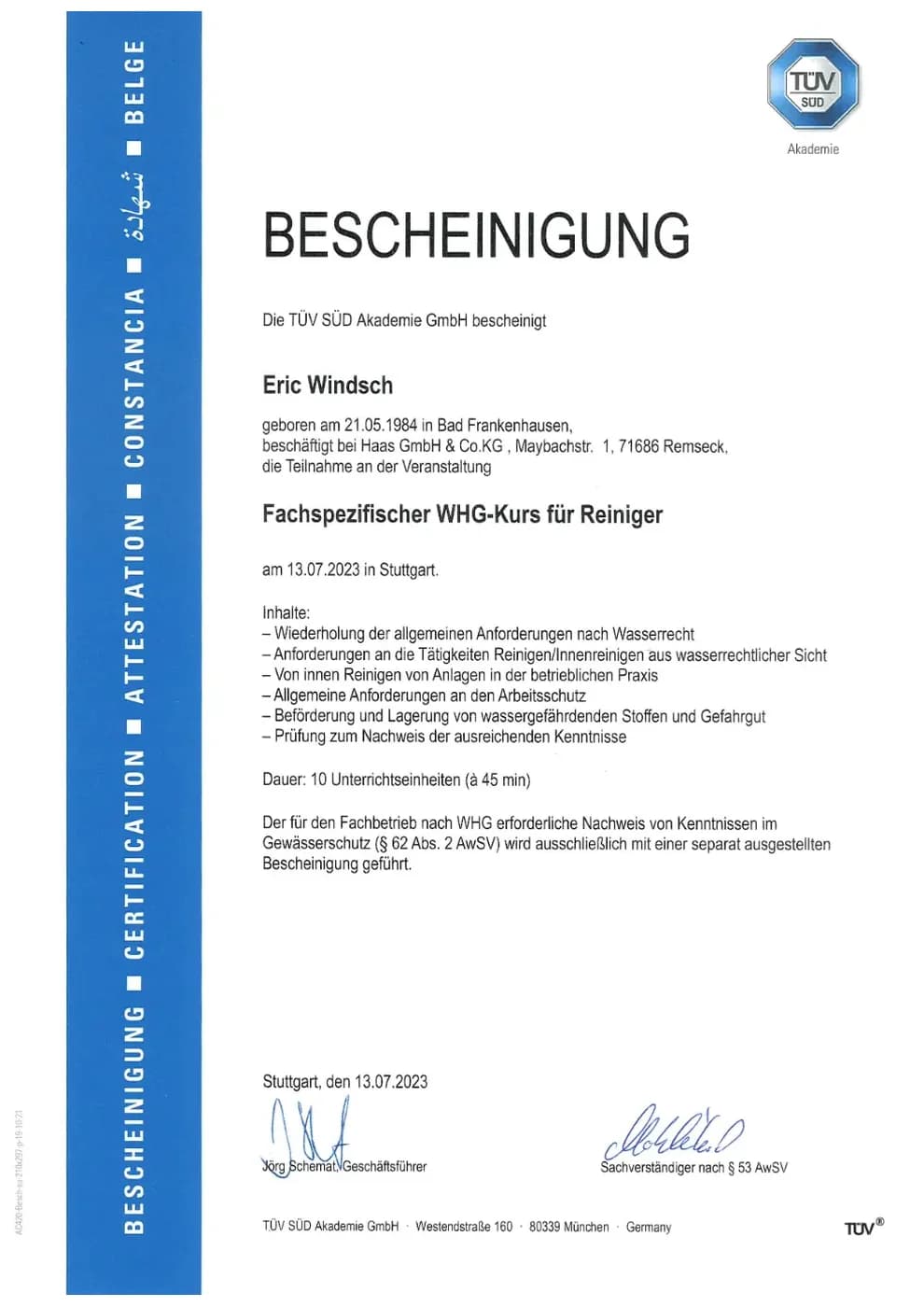 Bescheinigung Fachqualifikation Kanalsanierung – Eric Windsch