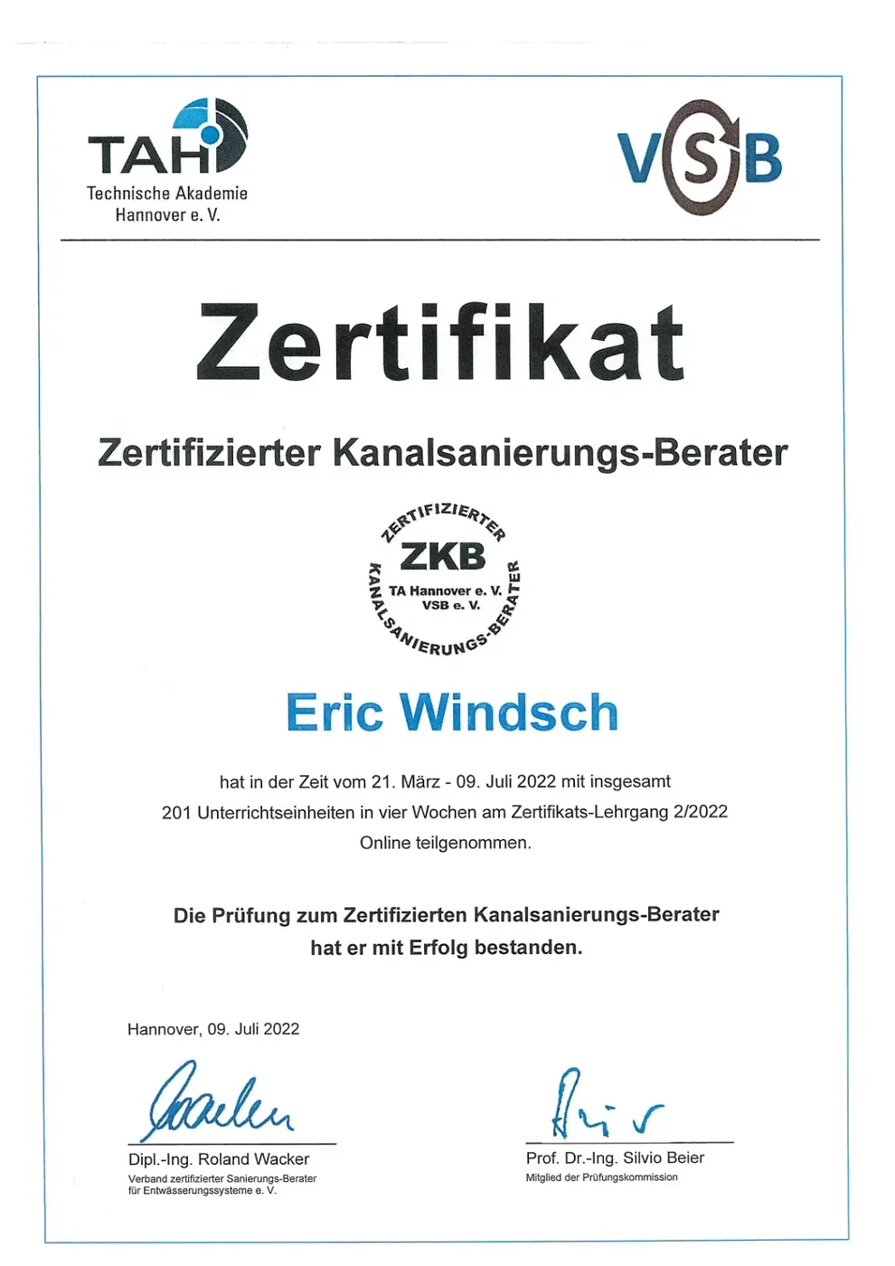 Zertifikat Zertifizierter Kanalsanierungs-Berater (ZKB) – Eric Windsch