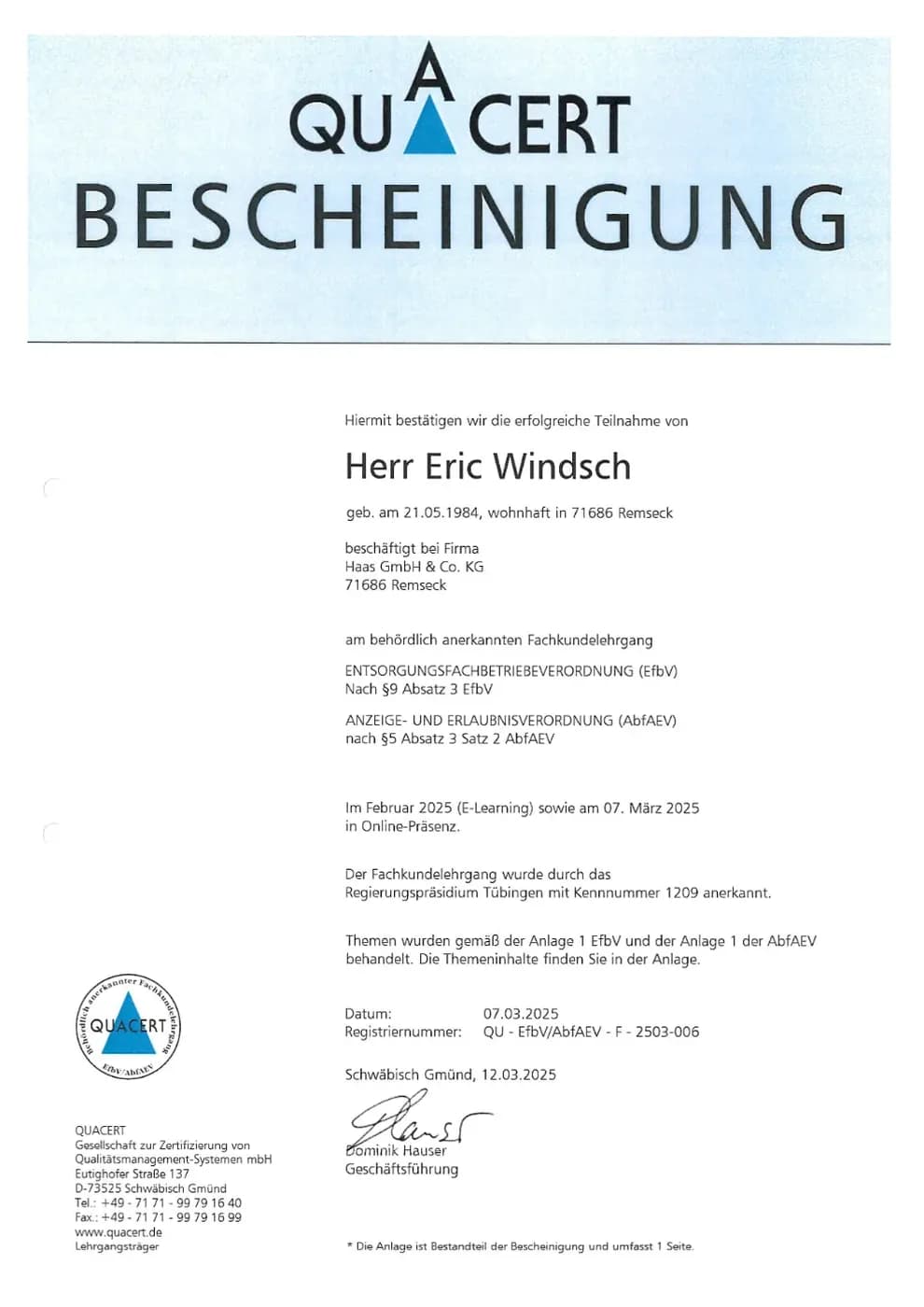 QUA-CERT Bescheinigung – Eric Windsch, Haas Rohr- und Kanalmanagement GmbH