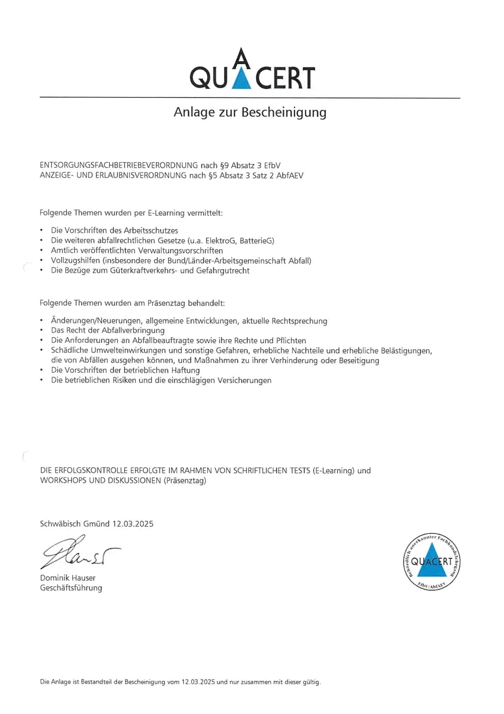 QUA-CERT Bescheinigung (Anlage) – Haas Rohr- und Kanalmanagement GmbH